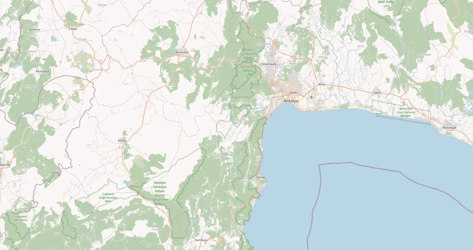 Overzichtskaart van de regio Antalya met bergen, kustlijn en snelwegen, tussen Saklıkent en Manavgat