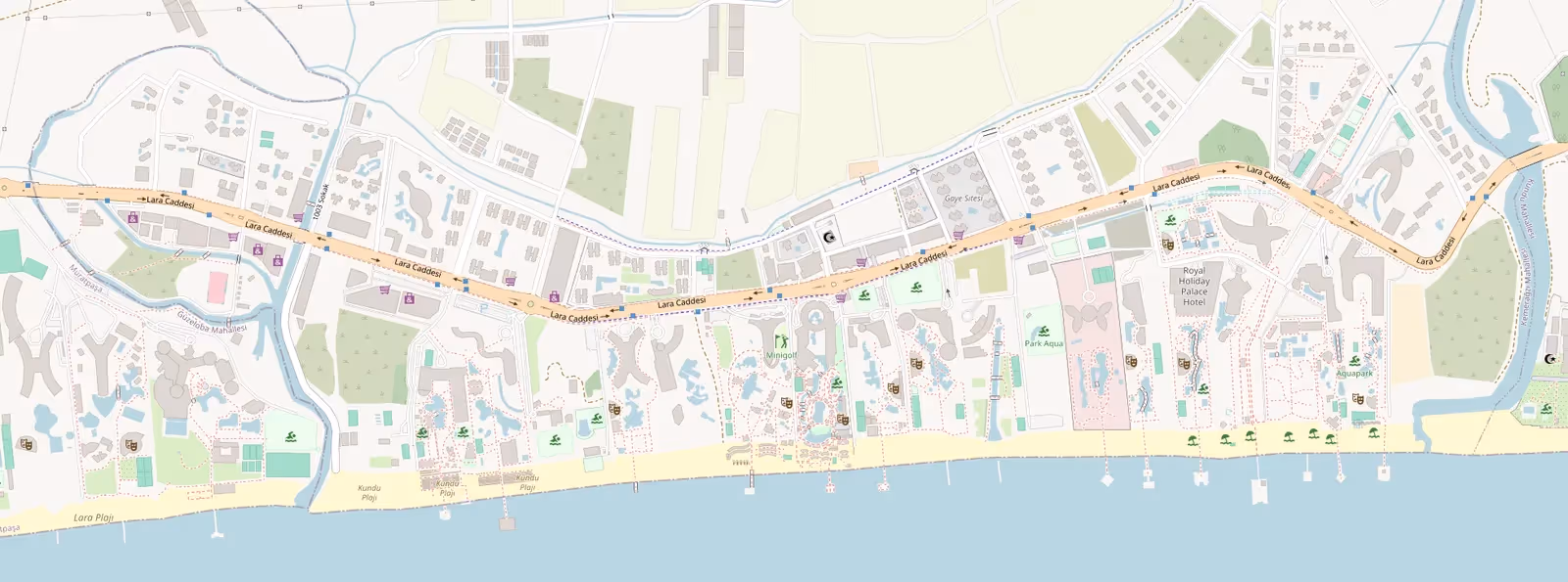 Kaart van Lara met de hotels uit ons netwerk langs de kust
