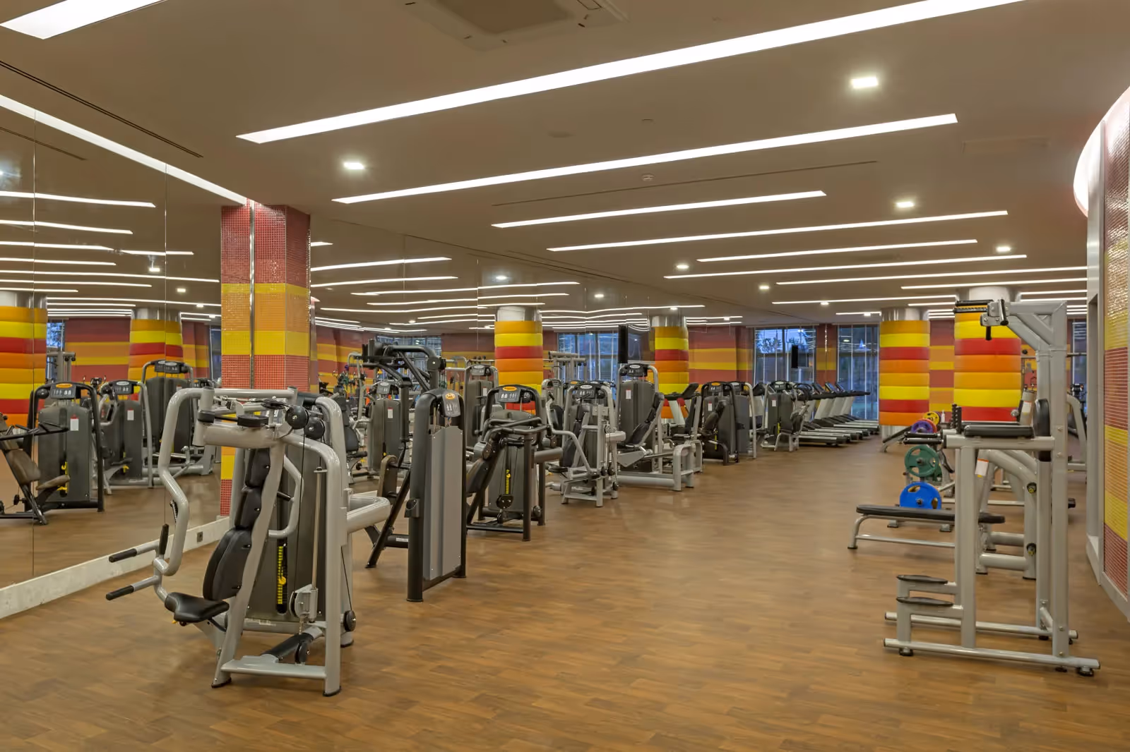 Fitnessruimte met krachttoestellen en gekleurde zuilen bij Royal Seginus in Lara