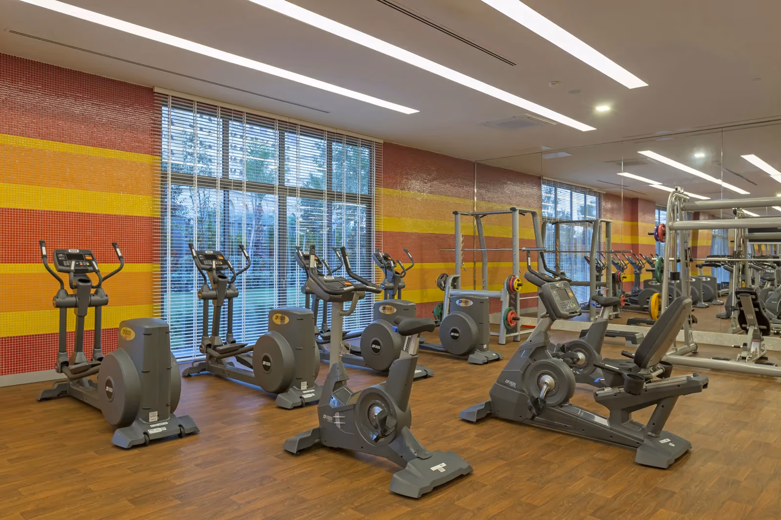 Fitnessruimte met een rij hometrainers voor een groot raam bij Royal Seginus in Lara