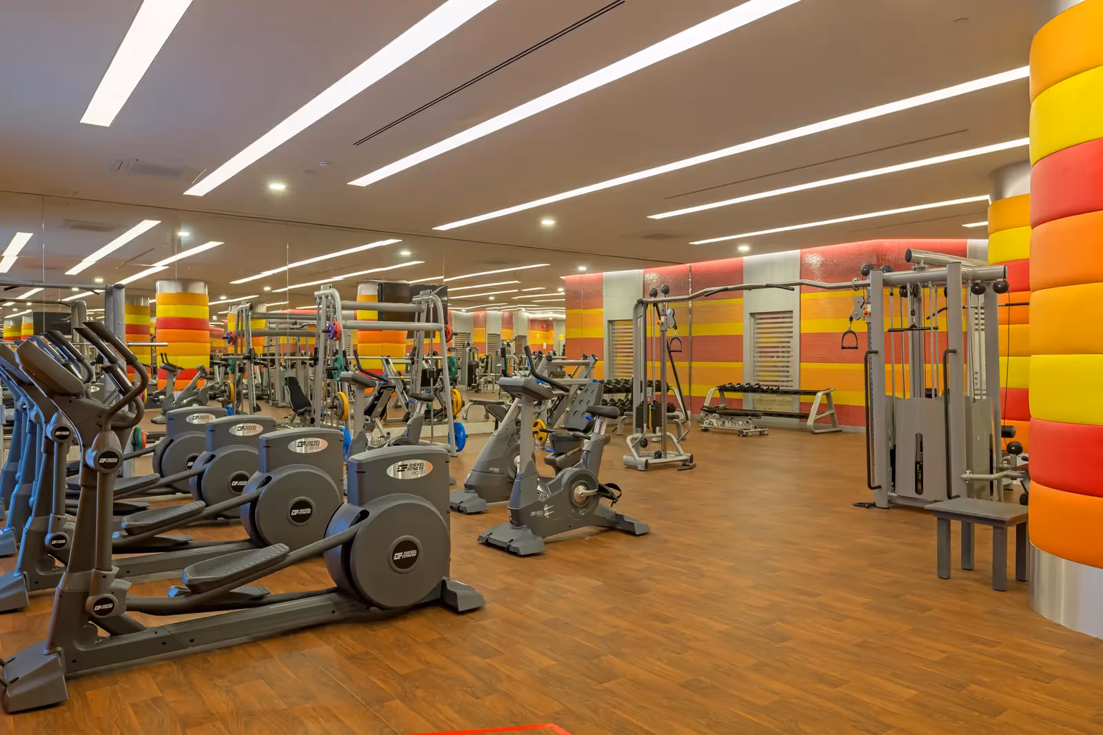 Fitnessruimte met cardiotoestellen en een oranje en gele wand bij Royal Seginus in Lara
